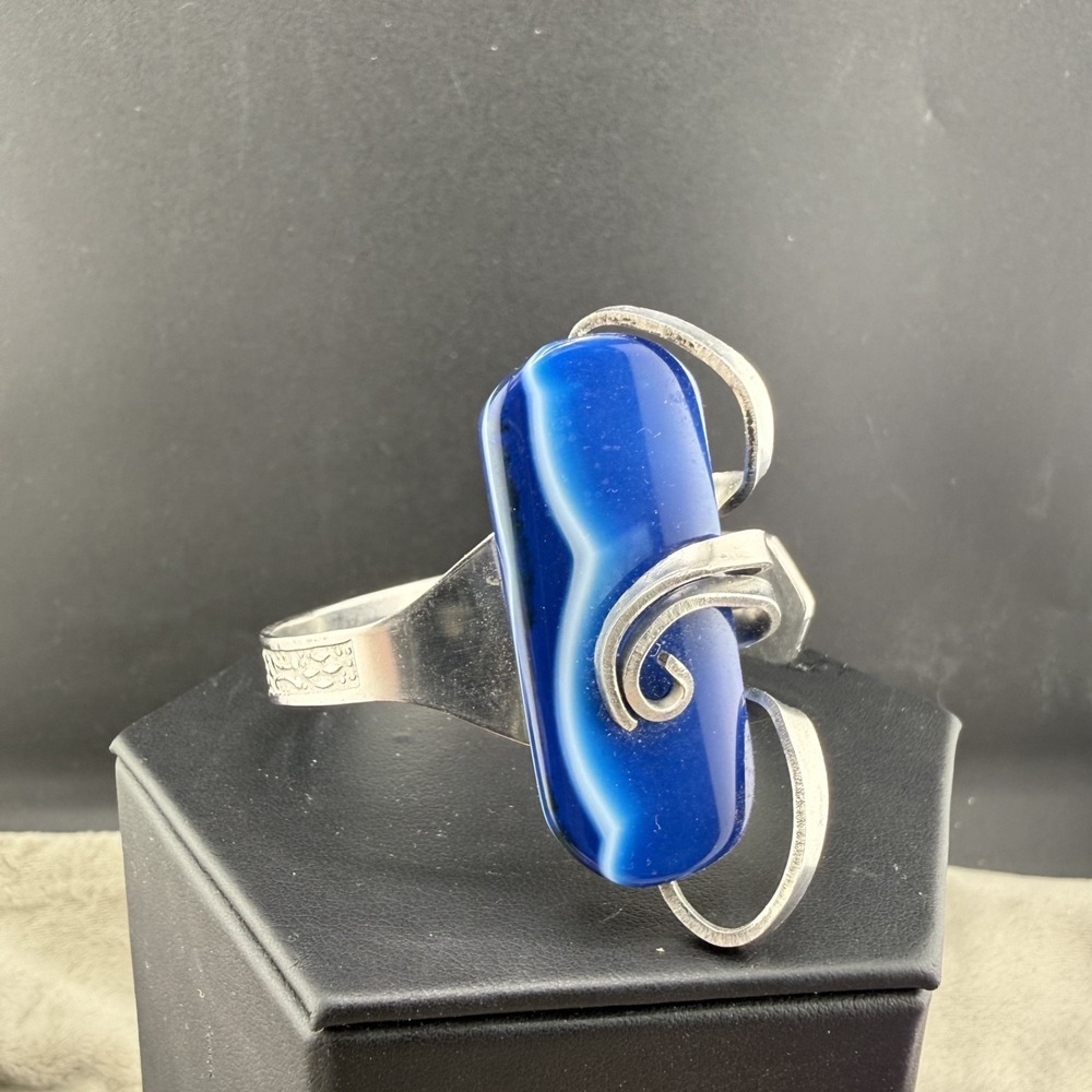Vintage Artisan Cuff Bracelet Fork Blue Glass 6.5”
